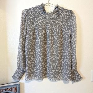 Ann Taylor Animal Print Smocked Ruffle long sleeve Top